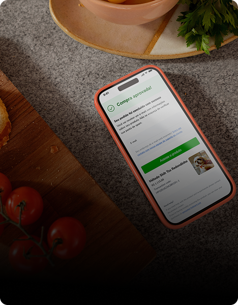 Foto de um smartphone exibindo uma tela de pagamento, com alimentos à esquerda, incluindo fatias de pão e tomates, e uma superfície de pedra ao fundo