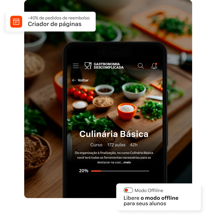 Foto de um aplicativo móvel em um smartphone, exibindo a tela de um curso online.